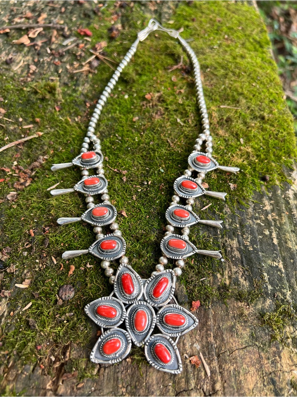 Sterling Silver Coral Squash Blossom Necklace 93g